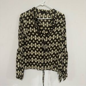 Ted Baker London Mid Century Mod Print Blouse  Sheer Long Sleeve Size 1 Silk